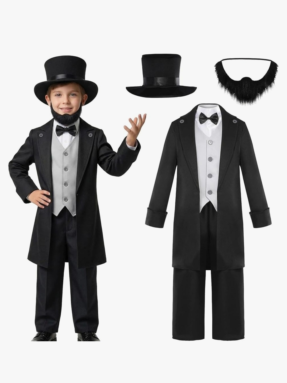 Kids Abraham Lincoln With Gray Vest and Top Hat Size Large 8-10 Year Old